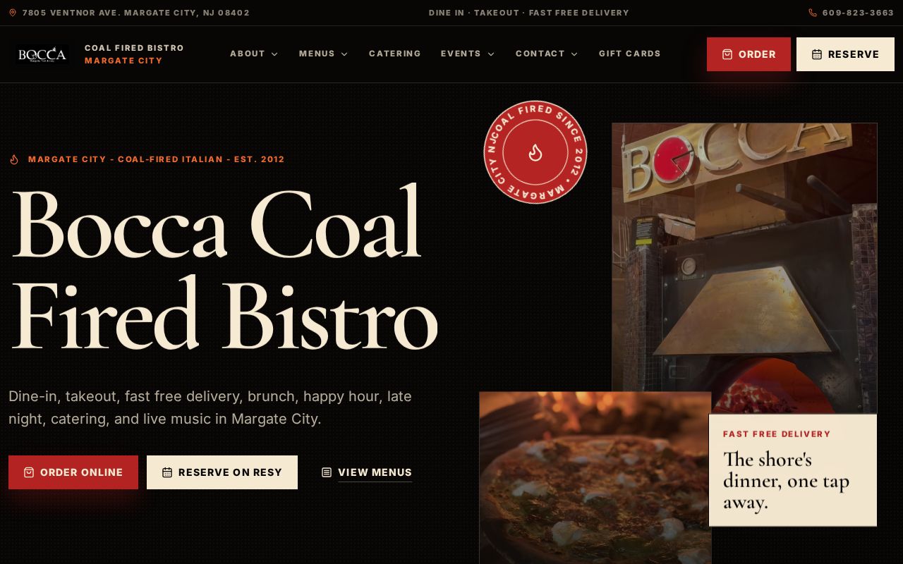 Homepage of the live Bocca Coal Fired Bistro restaurant website