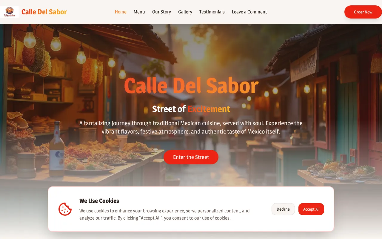 Homepage of the Calle Del Sabor restaurant website
