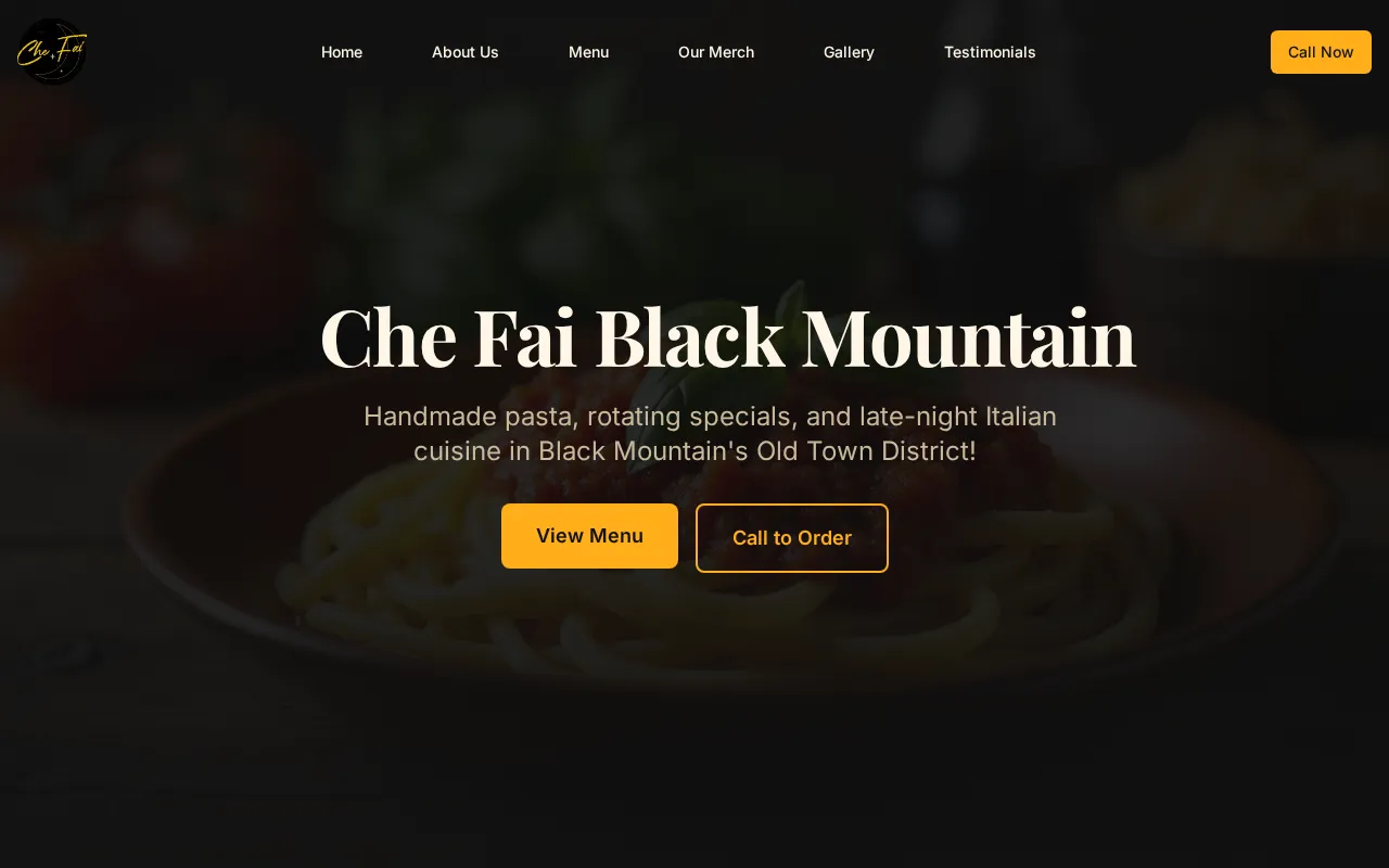 Homepage of the Che Fai Black Mountain restaurant website