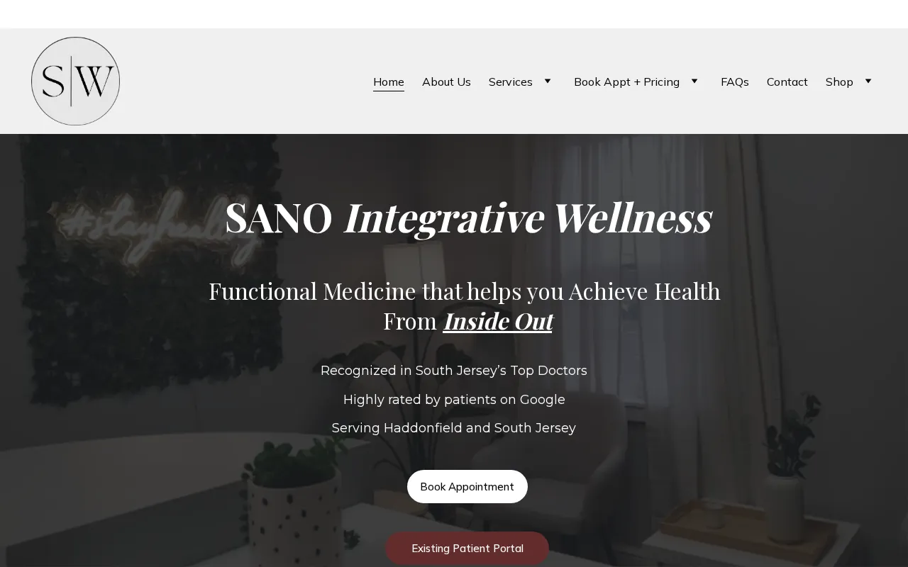 Homepage of the SANO Integrative Wellness client website