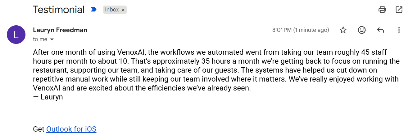 Testimonial email from Lauryn Freedman at Bocca describing the first month using VenoxAI workflows