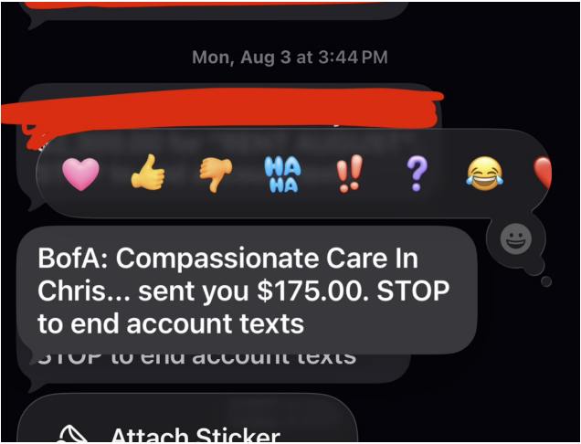Redacted bank notification showing a $175 payment from Compassionate Care In Christ