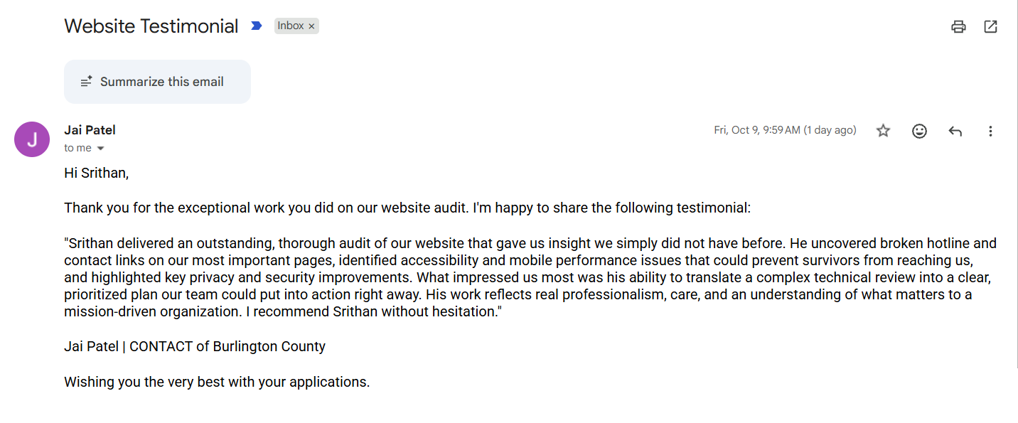 Email from Jai Patel at CONTACT of Burlington County recommending Srithan for a thorough website audit and prioritized recommendations