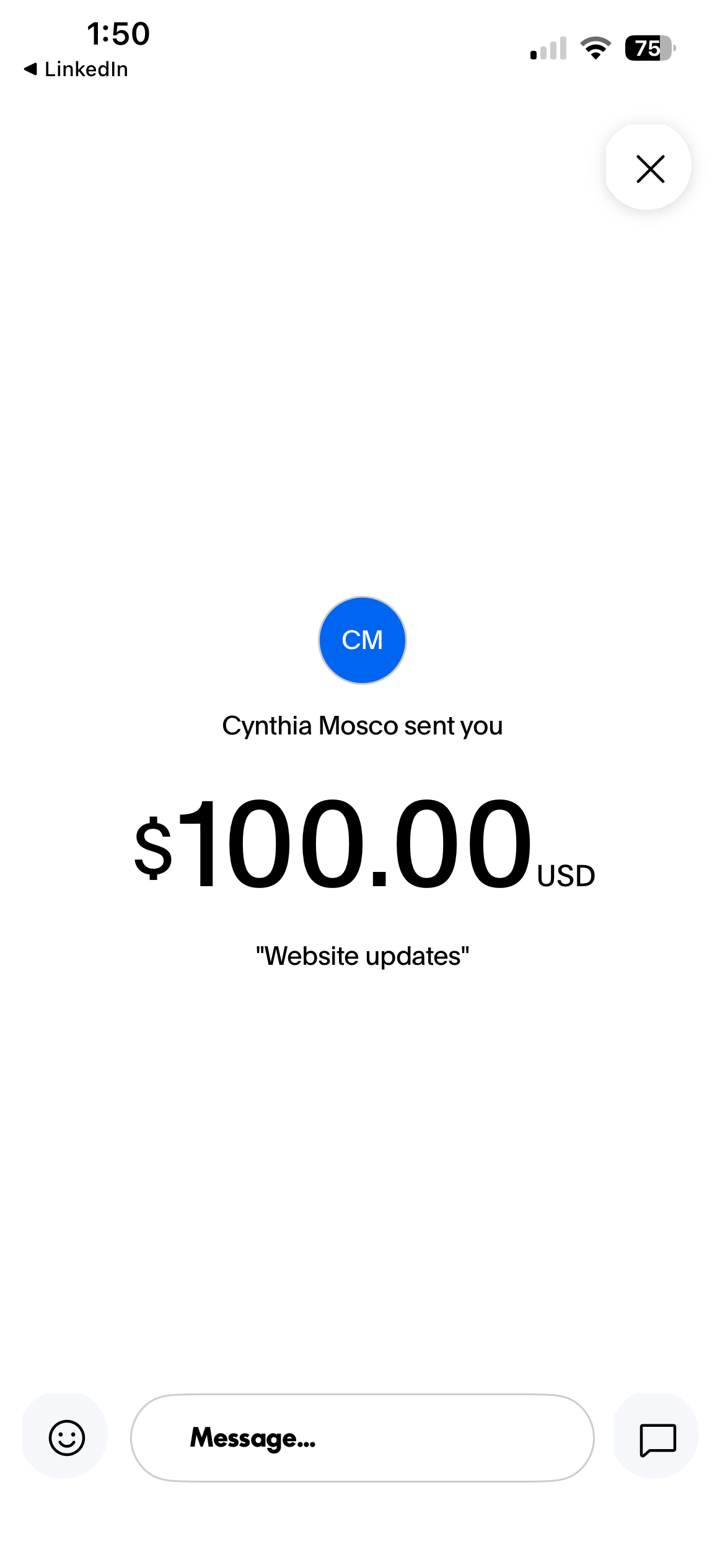 Payment screenshot showing Cynthia Mosco sent $100 USD with the note Website updates