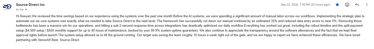 Source Direct Inc. email dated September 22, 2026 describing its first month using VenoxAI systems