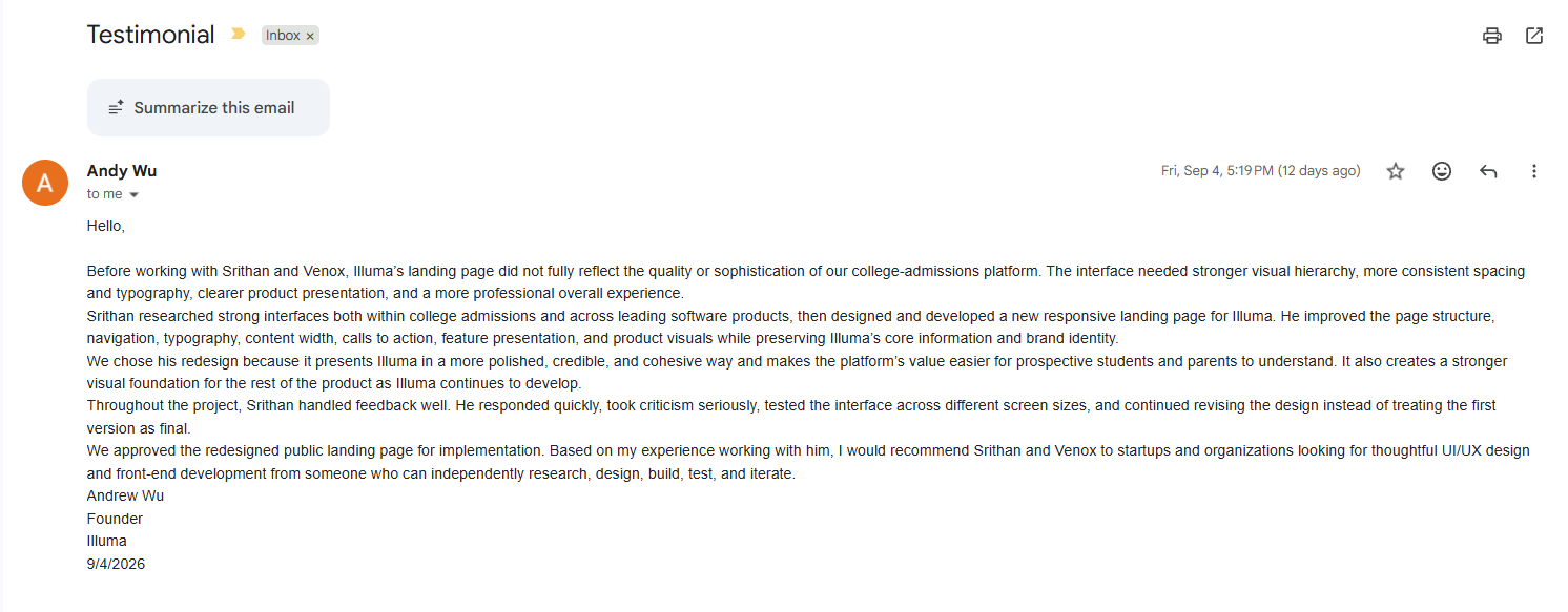 Testimonial email from Andrew Wu