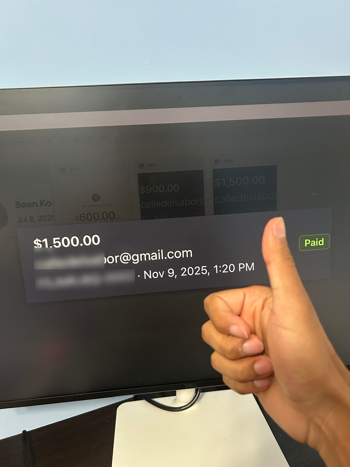 Calle Del Sabor payment confirmation for $1,500
