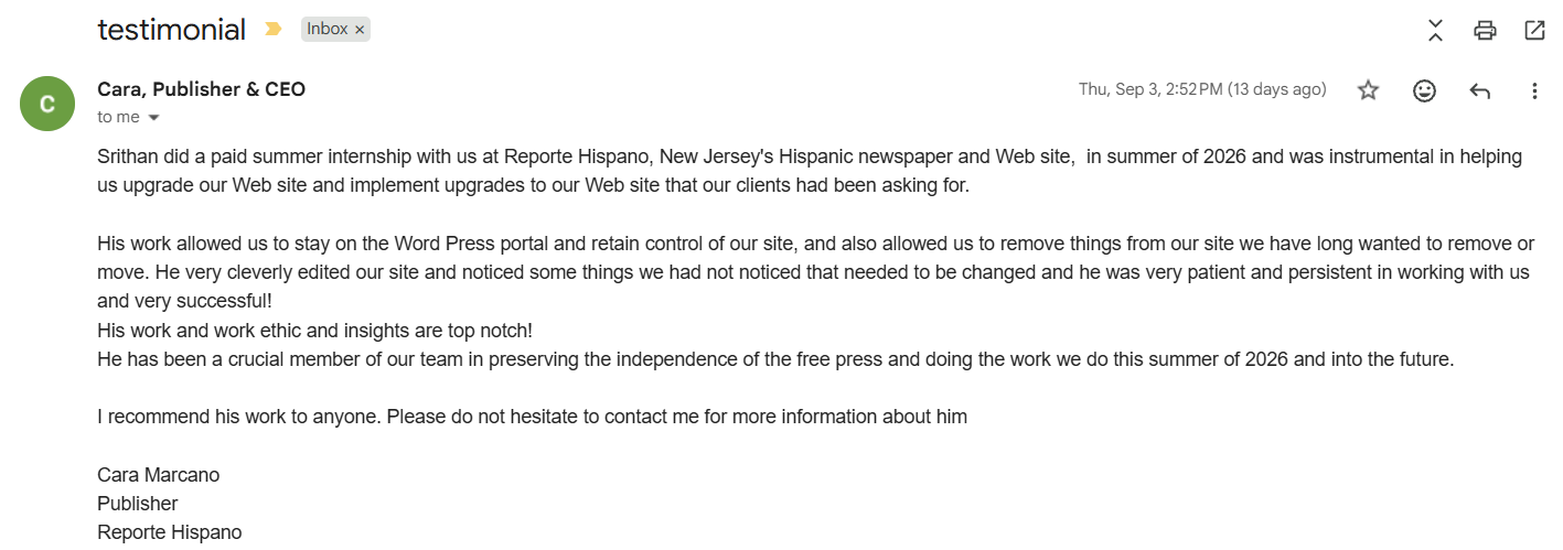 Testimonial email from Cara Marcano