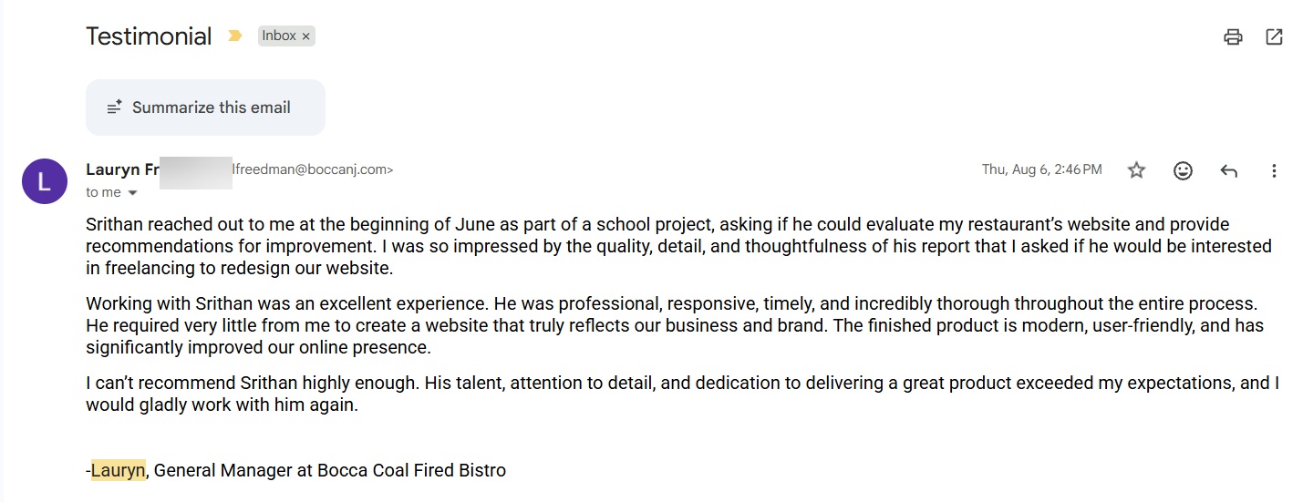 Testimonial email from Lauryn Freedman with the email address blurred
