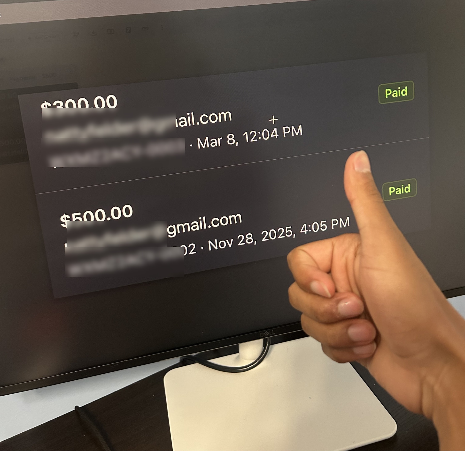 Che Fai Black Mountain payment confirmations for $300 and $500 with private details blurred