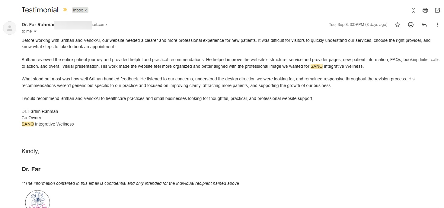 Testimonial email from Dr. Farhin Rahman with the email address blurred
